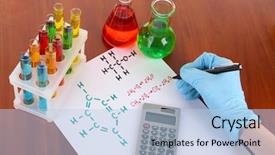  Presentation with formulas and trigonometric - Colorful PPT theme enhanced with acid alkalis - hand scientist writing formulas backdrop and a  colored foreground