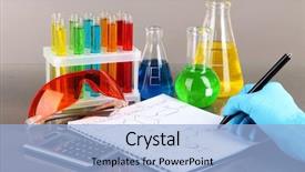  Presentation with scientist - Amazing presentation design having acid alkalis - hand scientist writing formulas backdrop and a light blue colored foreground