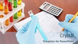  Presentation with milk formulas - Cool new PPT theme with acid alkalis - hand scientist writing formulas backdrop and a light blue colored foreground