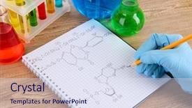  Presentation with writing - Beautiful presentation featuring acid alkalis - hand scientist writing formulas backdrop and a sky blue colored foreground