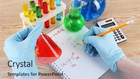  Presentation with scientist - Theme enhanced with acid alkalis - hand scientist writing formulas background and a light blue colored foreground