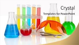  Presentation with test tubes - Presentation design consisting of acid alkalis - test-tubes with colorful liquids isolated background and a  colored foreground