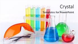  Presentation with acid - Presentation enhanced with acid alkalis - test-tubes with colorful liquids isolated background and a pink colored foreground