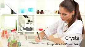  Presentation with worried young female college student - Presentation theme having acid alkalis - young female scientist in laboratory background and a lemonade colored foreground