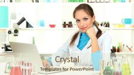  Presentation with acid - Amazing PPT theme having acid alkalis - young female scientist in laboratory backdrop and a cream colored foreground