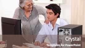  Presentation with helping man - Audience pleasing slides consisting of acknowledgement - man helping elderly woman backdrop and a violet colored foreground