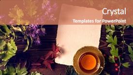  Presentation with tea cup - PPT layouts enhanced with acorn wreath and a cup background and a coral colored foreground