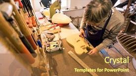  Presentation with repairer tape recorder technology - PPT theme featuring acoustic buildings - guitar repairer clearing the sawdust background and a tawny brown colored foreground