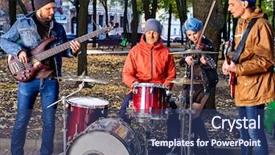  Presentation with music - Presentation design enhanced with acoustic buildings - music street performers with girl background and a ocean colored foreground