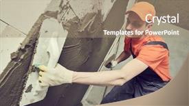  Presentation with golden revetment wall putty high - Colorful slide set enhanced with acoustic buildings - plasterer putting plaster on wall backdrop and a coral colored foreground
