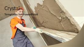  Presentation with plaster - Presentation theme consisting of acoustic buildings - plasterer putting plaster on wall background and a coral colored foreground