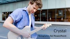  Presentation with guitar - Presentation theme consisting of acoustic buildings - portrait of young musician background and a  colored foreground