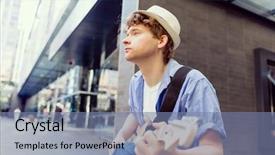  Presentation with jakarta city - Theme consisting of acoustic buildings - portrait of young musician background and a seafoam green colored foreground