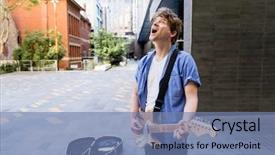  Presentation with guitar - PPT theme having acoustic buildings - portrait of young musician background and a  colored foreground