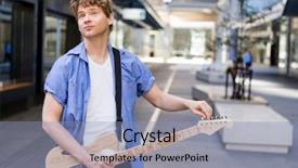  Presentation with smart grid city and wireless - Colorful presentation theme enhanced with acoustic buildings - portrait of young musician backdrop and a light blue colored foreground