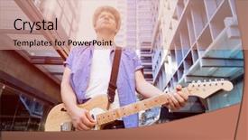  Presentation with city buildings - Beautiful slide deck featuring acoustic buildings - young musician with guitar backdrop and a coral colored foreground