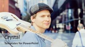  Presentation with city buildings - Colorful PPT layouts enhanced with acoustic buildings - young musician with guitar backdrop and a light blue colored foreground