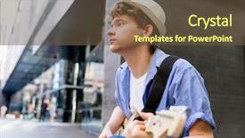  Presentation with city buildings - Beautiful PPT theme featuring acoustic buildings - young musician with guitar backdrop and a  colored foreground