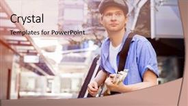  Presentation with city buildings - Beautiful presentation theme featuring acoustic buildings - young musician with guitar backdrop and a coral colored foreground