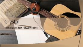  Presentation with acoustic - Presentation theme having acoustic guitar headphones musical notes background and a coral colored foreground