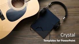  Presentation with acoustic - Slides enhanced with acoustic guitar headphones notebook and microphone on wooden background close up background and a tawny brown colored foreground