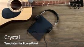  Presentation with acoustic - Beautiful presentation featuring acoustic guitar headphones notebook and microphone on wooden background backdrop and a tawny brown colored foreground