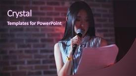  Presentation with reading - PPT theme featuring acoustic noise - confident female reading paper while background and a  colored foreground