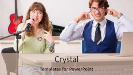  Presentation with online music lesson piano - Beautiful PPT theme featuring acoustic noise - young woman during music lesson backdrop and a soft green colored foreground