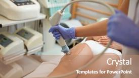  Presentation with anti parasitic - Colorful theme enhanced with acoustic waves - woman receiving shockwave anti-cellulite treatment backdrop and a coral colored foreground