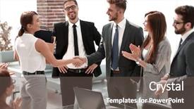  Presentation with employee - Cool new PPT theme with acquainted with the business team backdrop and a dark gray colored foreground