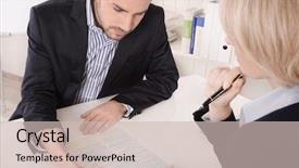  Presentation with meeting table - Theme featuring acquisition - adviser sitting in a meeting background and a soft green colored foreground