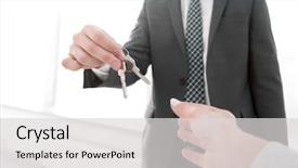  Presentation with estate - Colorful slides enhanced with acquisition - estate agent giving house keys backdrop and a light gray colored foreground