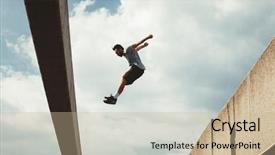  Presentation with urban - Beautiful presentation design featuring acrobatics - young man doing parkour jump backdrop and a soft green colored foreground