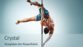  Presentation with pole - Colorful slide deck enhanced with acrobatics - young strong man pole dancing backdrop and a sky blue colored foreground