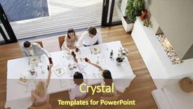  Presentation with low angle view of fictitious - Cool new slide deck with wine across table at dinner backdrop and a tawny brown colored foreground