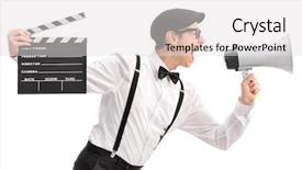  Presentation with director - Beautiful slide set featuring acting - young movie director holding backdrop and a light gray colored foreground