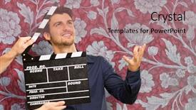  Presentation with director - Theme having acting modeling - director clapping the clapper board background and a coral colored foreground