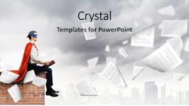  Presentation with man on top of mountain - Beautiful theme featuring action cartoon - man in cape and mask backdrop and a light gray colored foreground