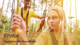  Presentation with climbing - Cool new presentation theme with action learning - young woman learns climbing backdrop and a gold colored foreground