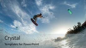  Presentation with sound waves wave oscillating - Slides having action photos man among wave background and a light blue colored foreground