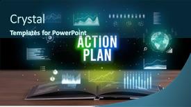  Presentation with action plan - PPT theme consisting of action plan inscription coming out from an open book creative business concept background and a ocean colored foreground