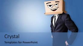  Presentation with cardboard - Slide deck featuring action reaction - young man with happy face background and a  colored foreground