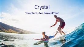  Presentation with blue wave - Presentation theme featuring action sports - father and son surfing together background and a sky blue colored foreground