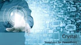  Presentation with touch screen virtual reality - Colorful presentation theme enhanced with activate - close up of businessman pressing backdrop and a light blue colored foreground