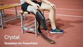  Presentation with tracks - PPT theme enhanced with amputation prosthesis - legs of young contemporary sportsman background and a coral colored foreground