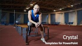  Presentation with man sitting bench - Cool new presentation theme with amputation prosthesis - young disable man in activewear backdrop and a tawny brown colored foreground