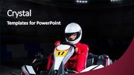  Presentation with generic seated cricket stadium - Presentation theme with armored vehicle - young girl karting racer background and a black colored foreground