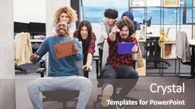  Presentation with fun work - Slide set consisting of active breaks - multiethnics startup business team background and a gray colored foreground