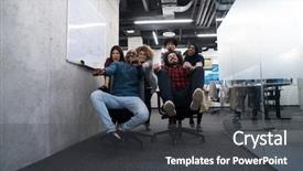  Presentation with fun work - Presentation featuring active breaks - multiethnics startup business team background and a  colored foreground