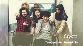  Presentation with fun work - Presentation theme enhanced with active breaks - multiethnics startup business team background and a  colored foreground